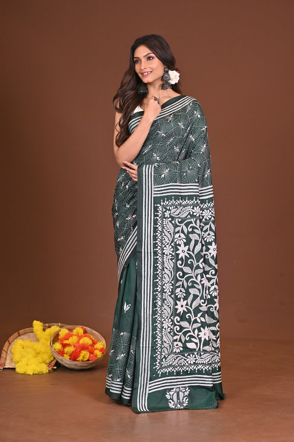 SHOBUJSHARONA BLENDED SILK KANTHA SAREE