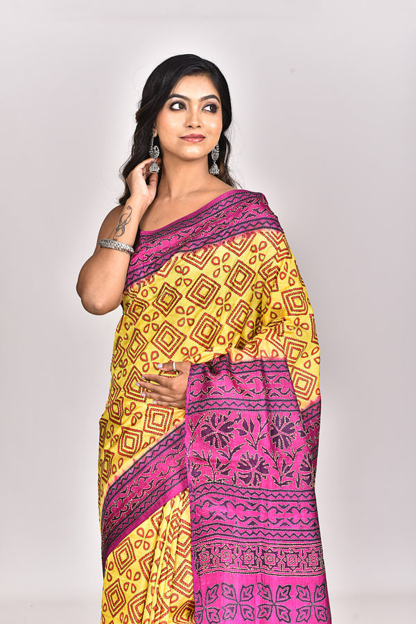 SILK BLOCK KANTHA SAREE