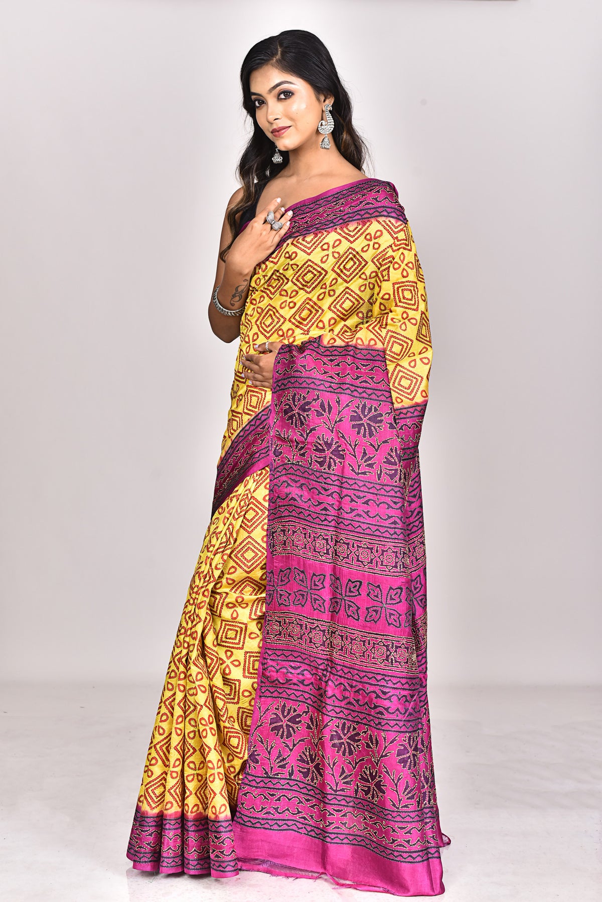 SILK BLOCK KANTHA SAREE