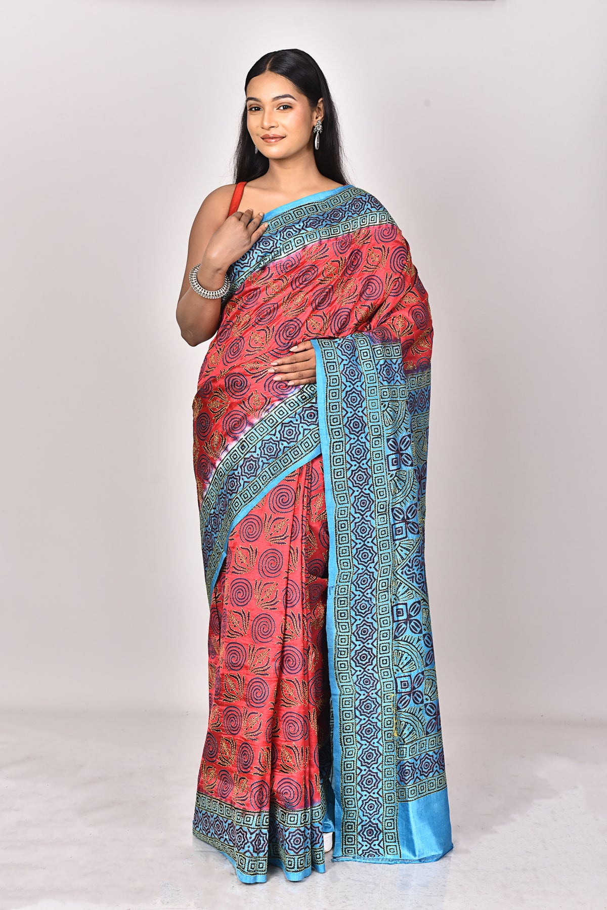 SILK BLOCK KANTHA SAREE