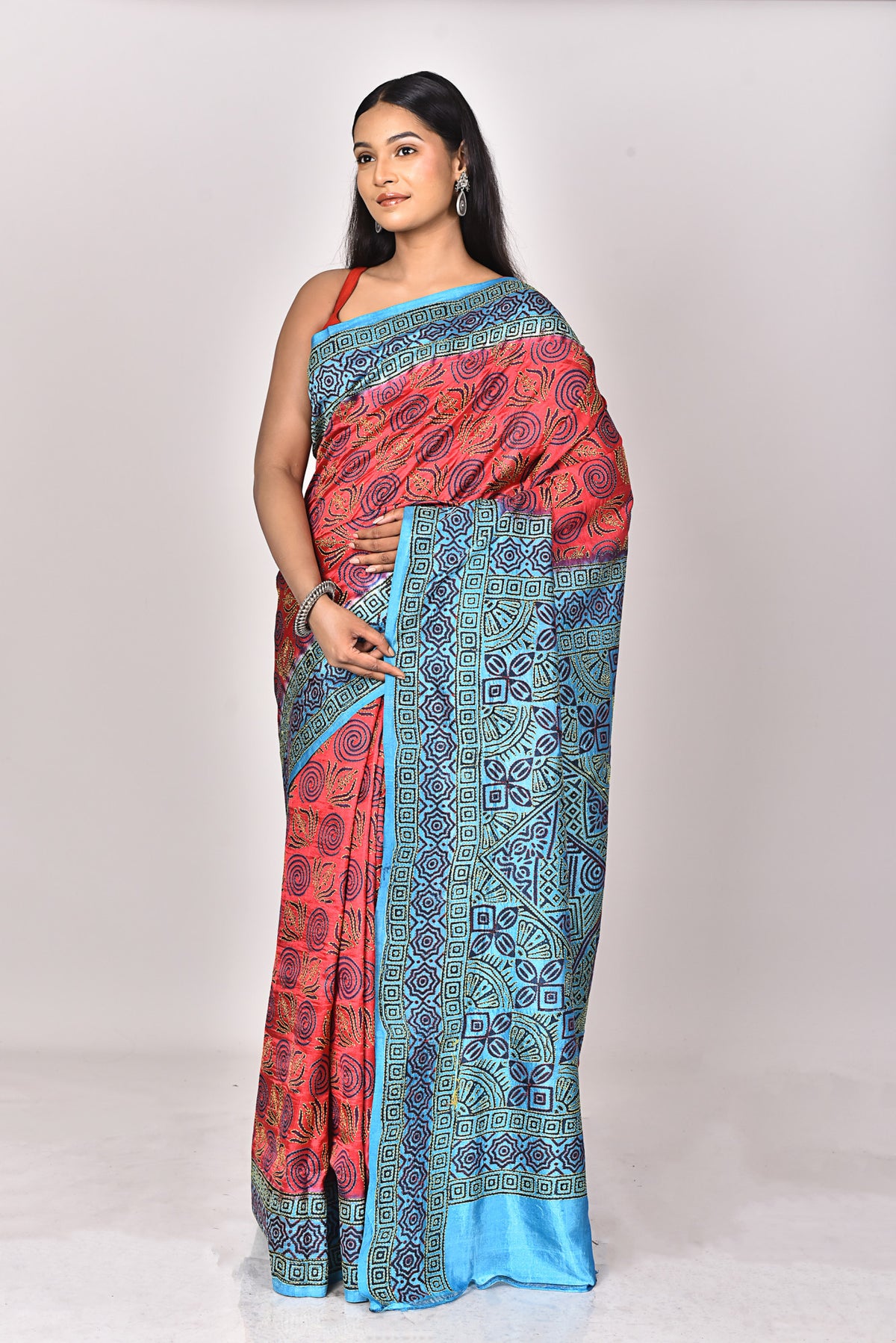 SILK BLOCK KANTHA SAREE