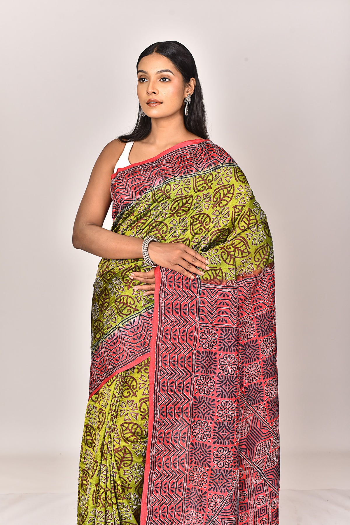 SILK BLOCK KANTHA SAREE