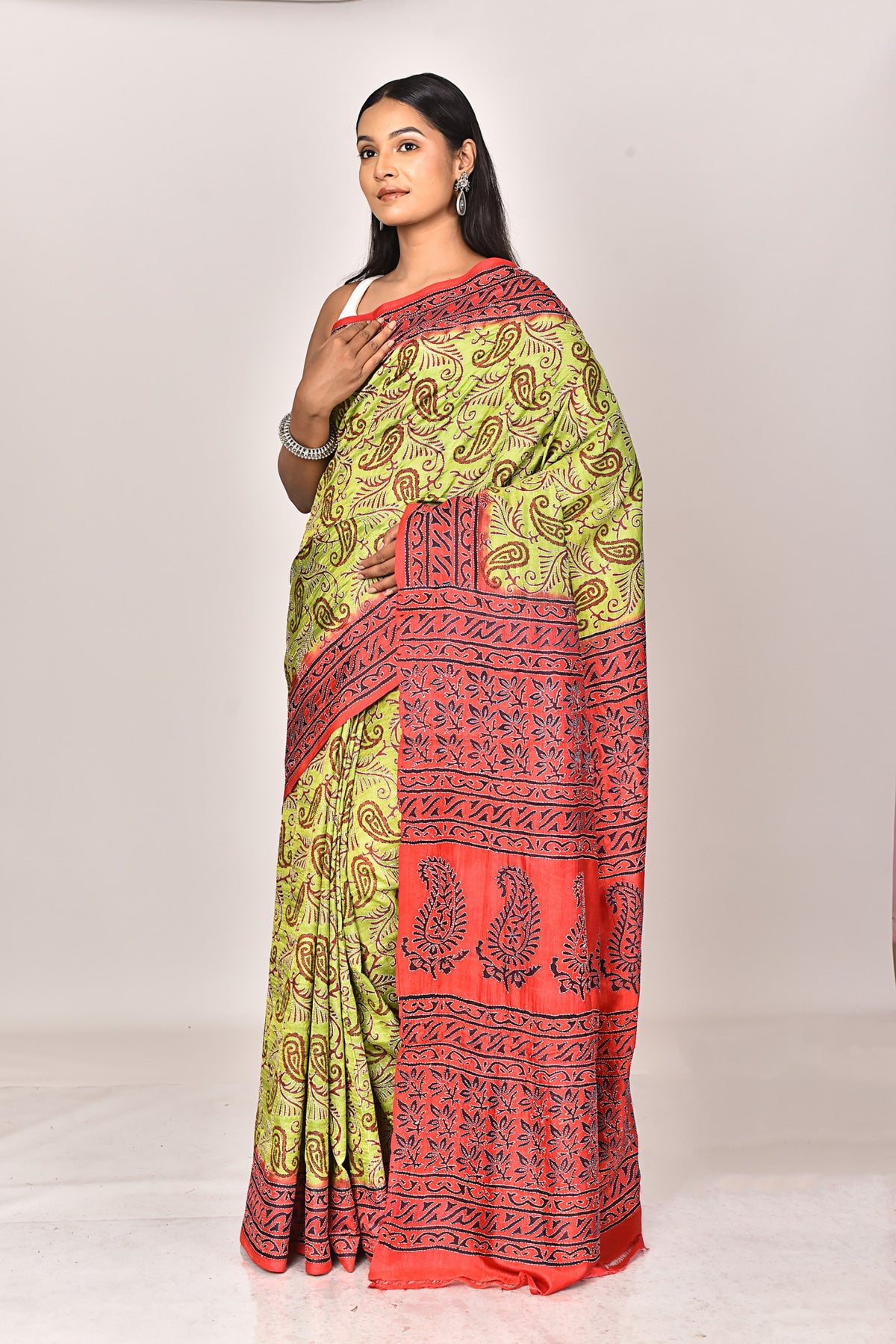 SILK BLOCK KANTHA SAREE