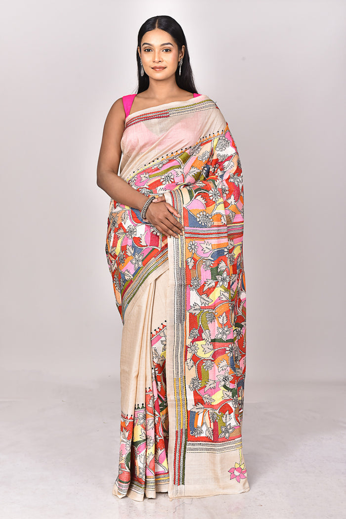 SILK GACHI TUSSAR KANTHA STITCH SAREE