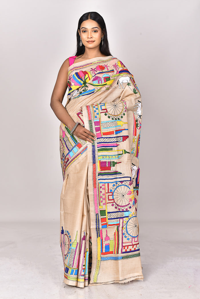 SILK GACHI TUSSAR KANTHA STITCH SAREE