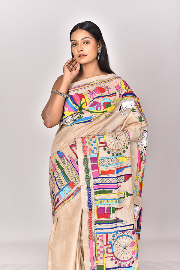 SILK GACHI TUSSAR KANTHA STITCH SAREE
