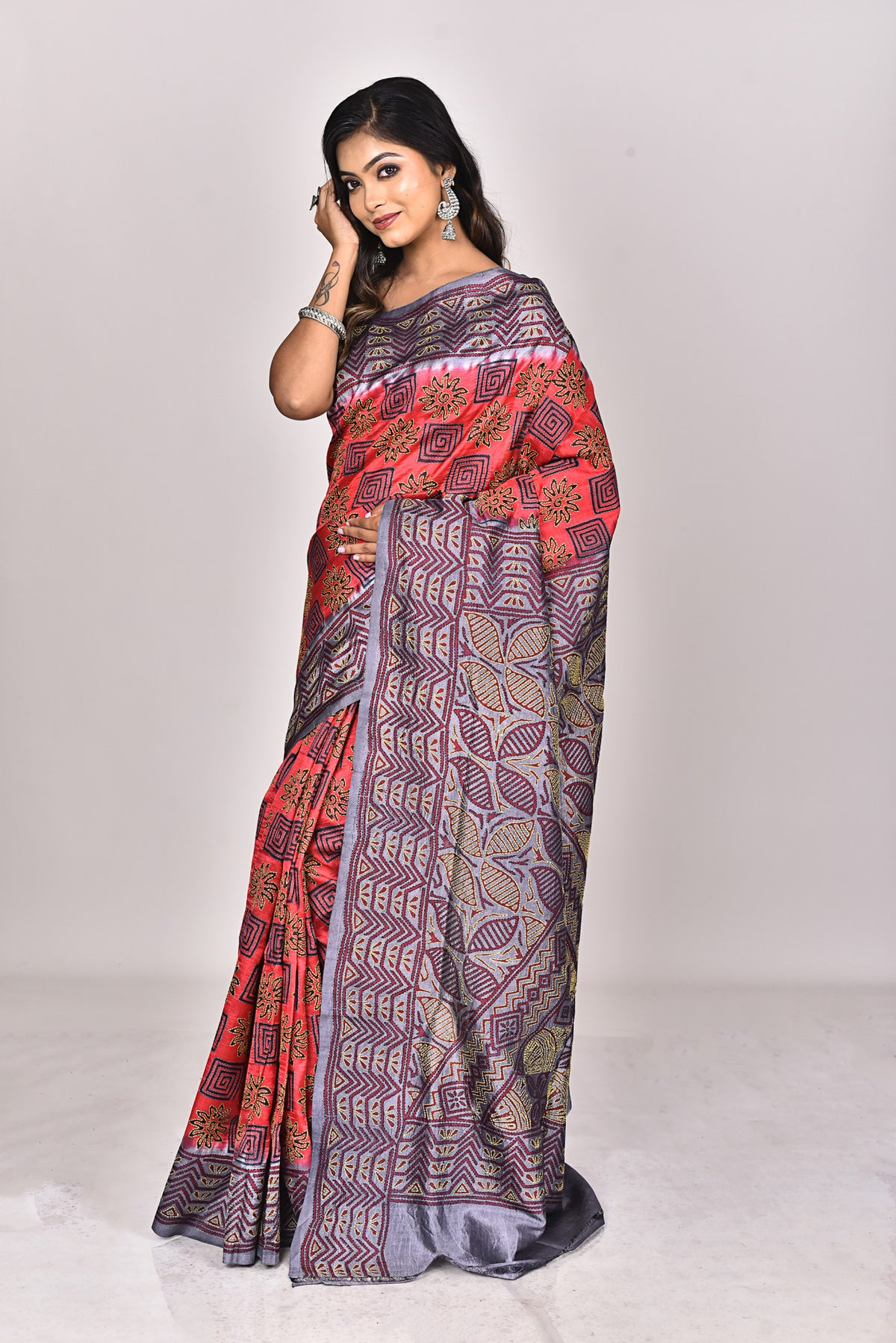 SILK KANTHA BLOCK SAREE