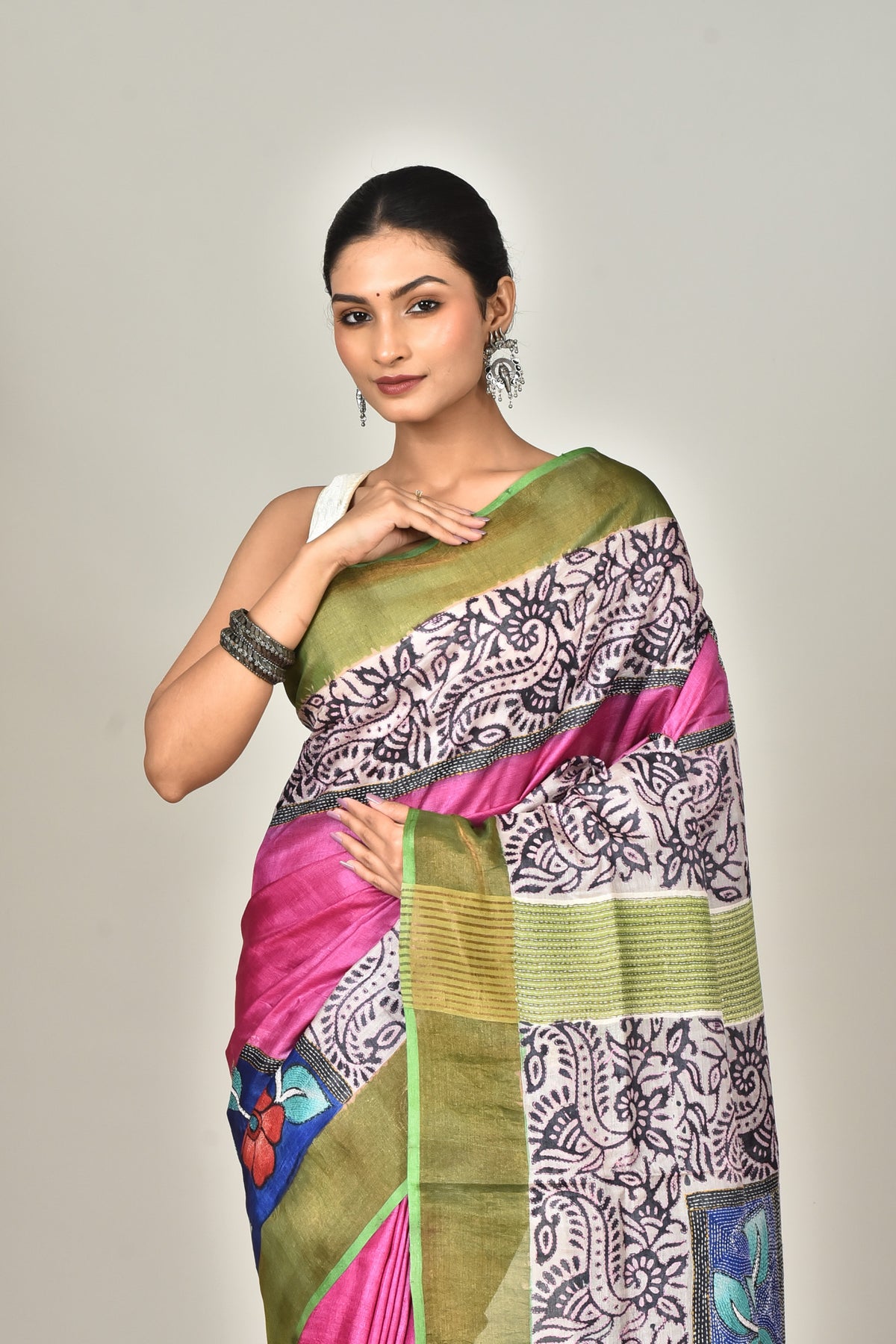 TUSSAR BLOCK HANDPRINT KANTHA SAREE