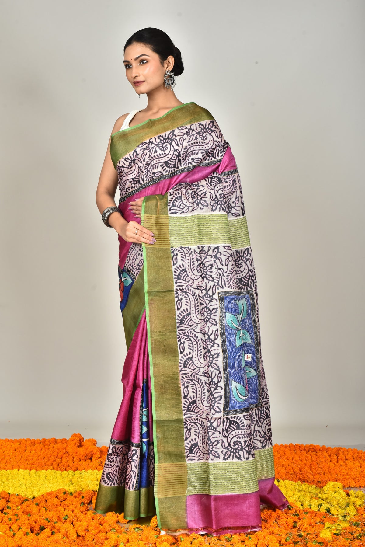 TUSSAR BLOCK HANDPRINT KANTHA SAREE