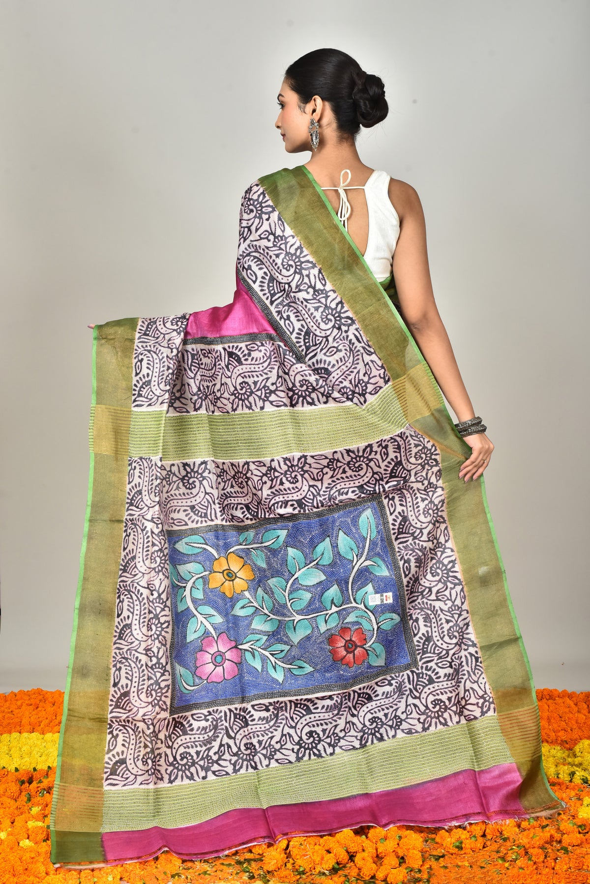 TUSSAR BLOCK HANDPRINT KANTHA SAREE
