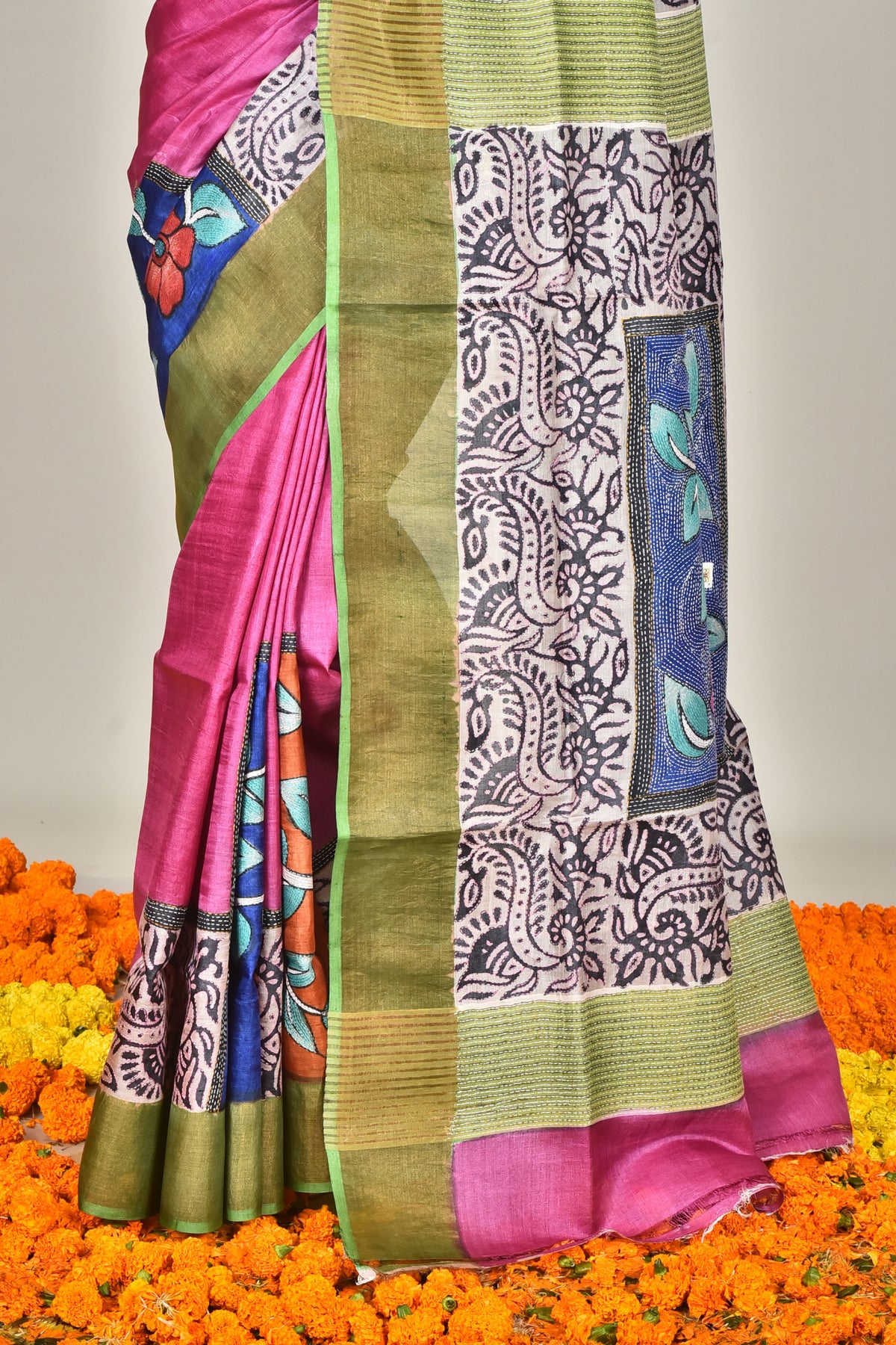 TUSSAR BLOCK HANDPRINT KANTHA SAREE