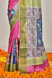 TUSSAR BLOCK HANDPRINT KANTHA SAREE