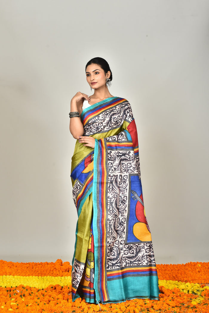 TUSSAR BLOCK HANDPRINT KANTHA SAREE