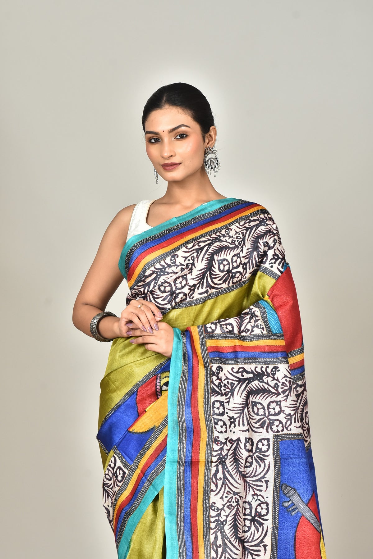 TUSSAR BLOCK HANDPRINT KANTHA SAREE