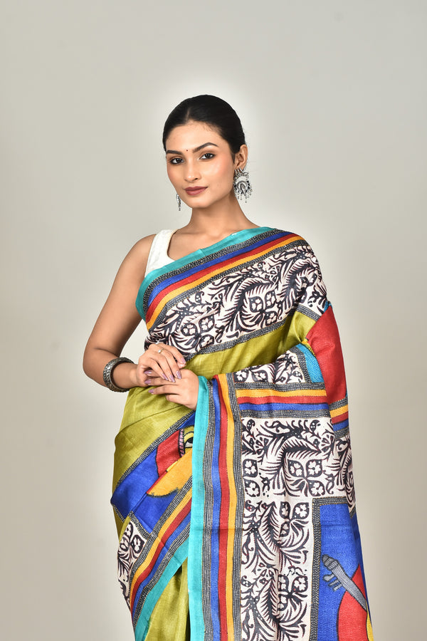 TUSSAR BLOCK HANDPRINT KANTHA SAREE