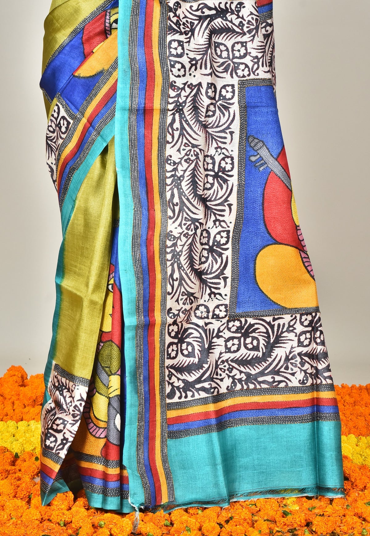 TUSSAR BLOCK HANDPRINT KANTHA SAREE