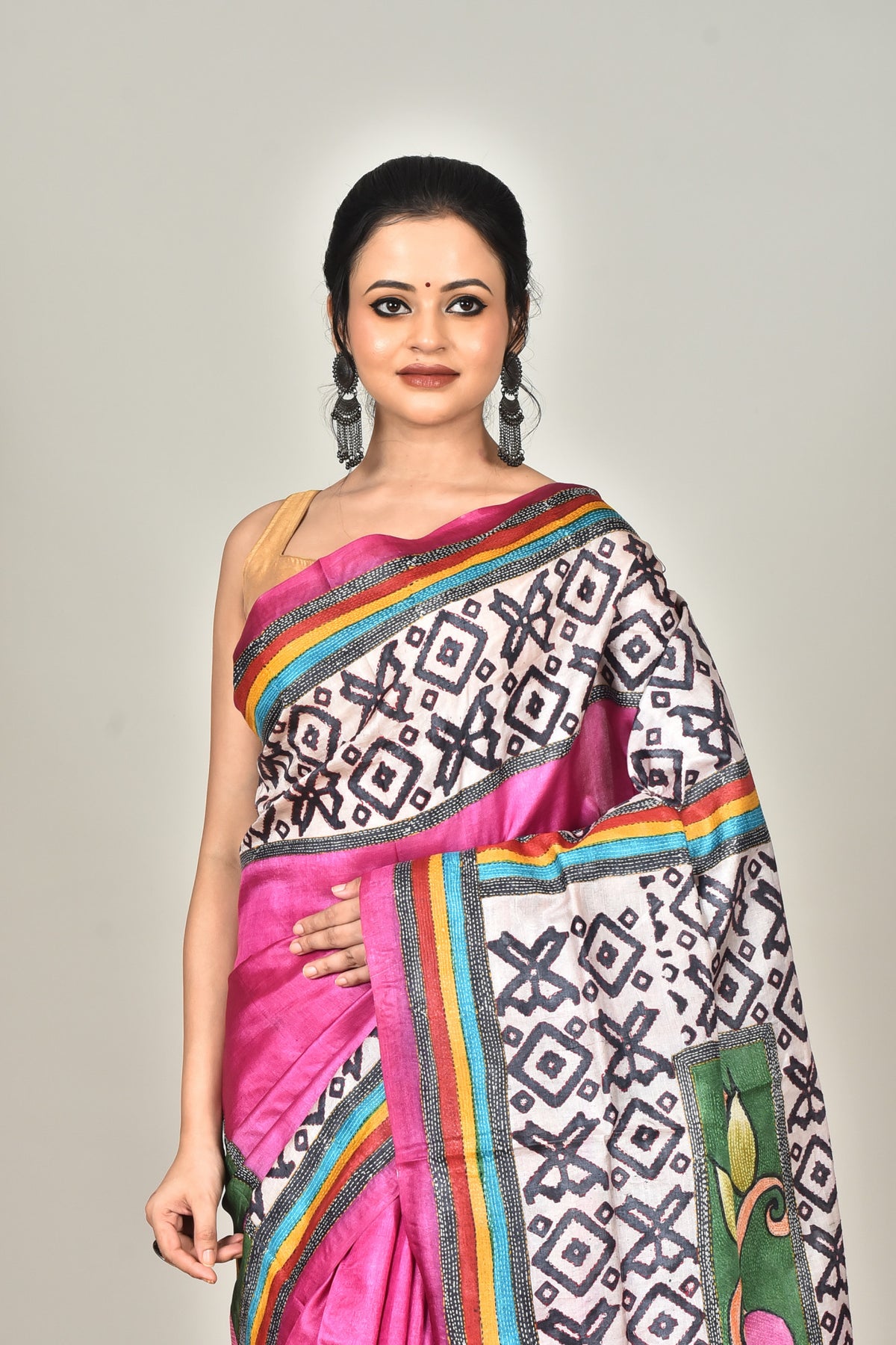TUSSAR BLOCK HANDPRINT KANTHA SAREE