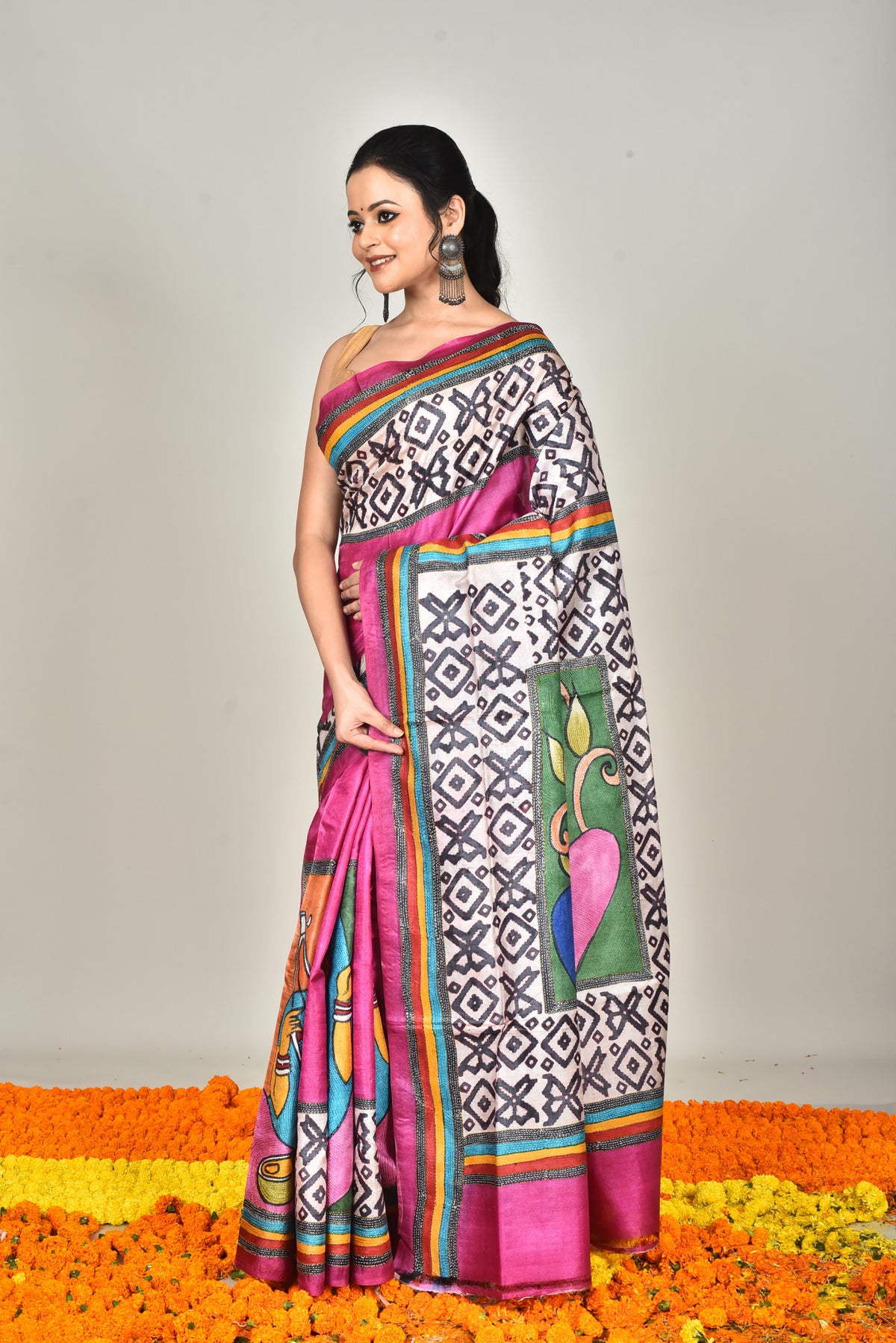TUSSAR BLOCK HANDPRINT KANTHA SAREE