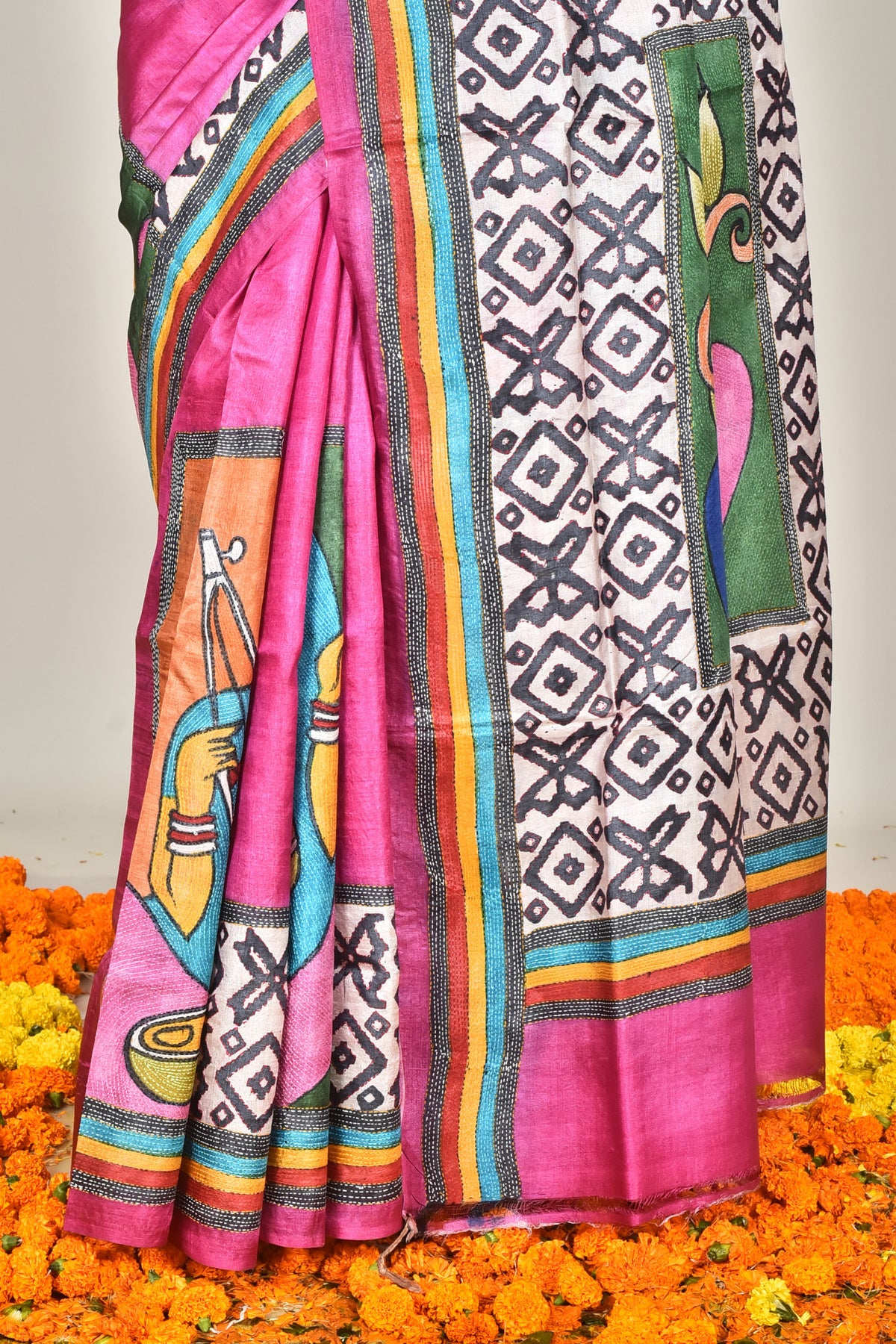TUSSAR BLOCK HANDPRINT KANTHA SAREE