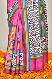 TUSSAR BLOCK HANDPRINT KANTHA SAREE