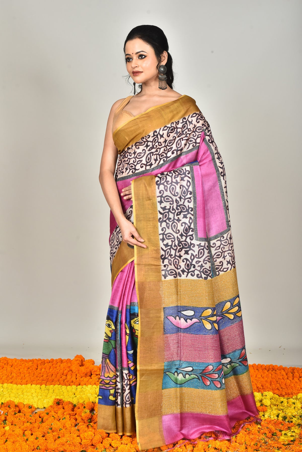 TUSSAR BLOCK HANDPRINT SAREE