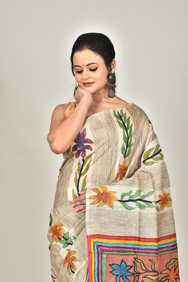 TUSSAR BLOCK HANDPRINT SAREE