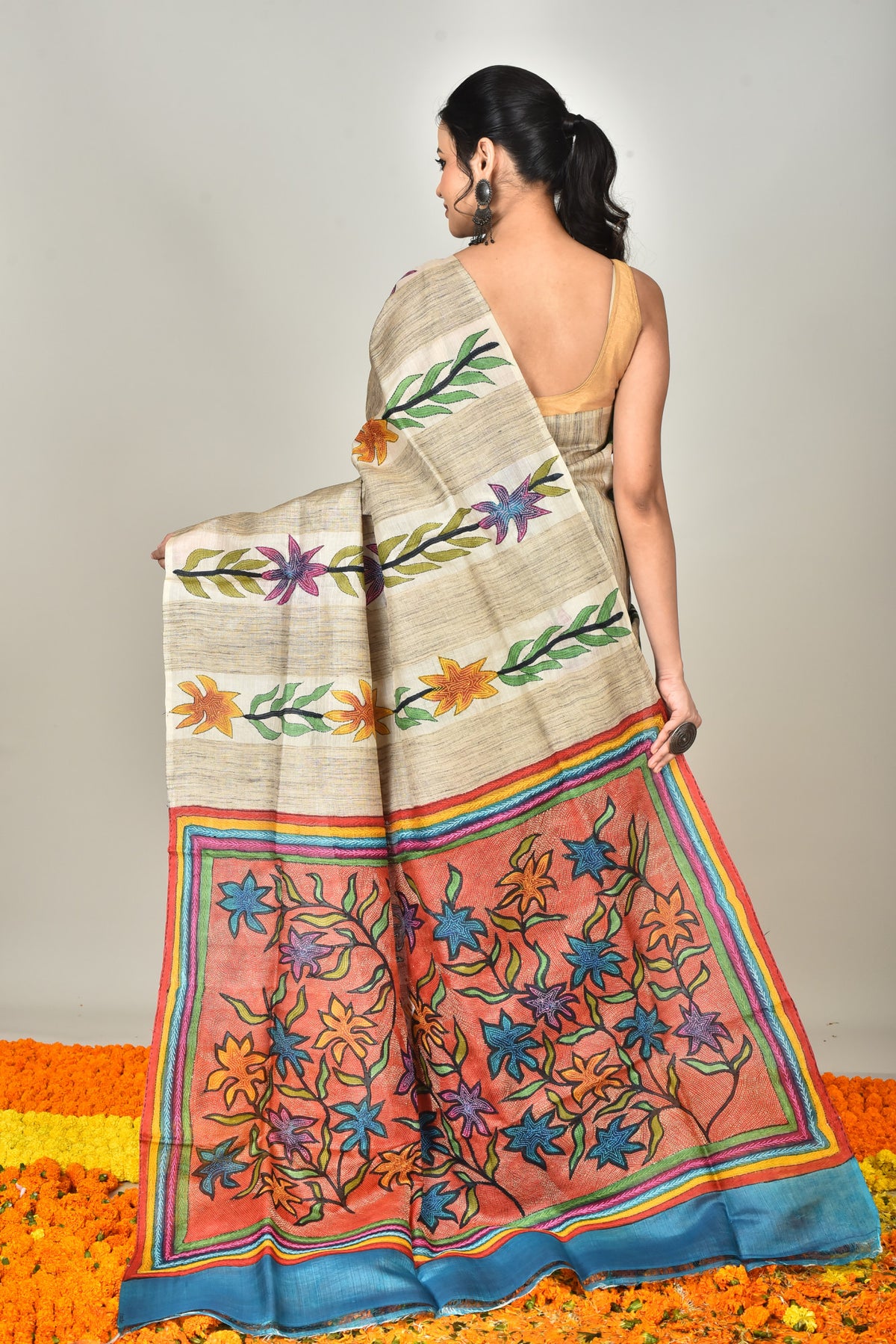 TUSSAR BLOCK HANDPRINT SAREE