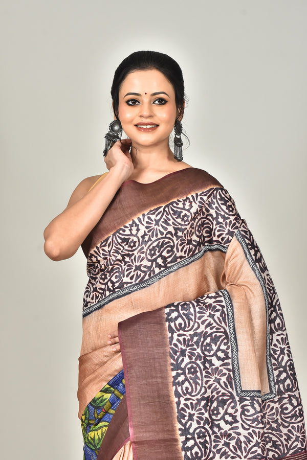 TUSSAR BLOCK HANDPRINT SAREE