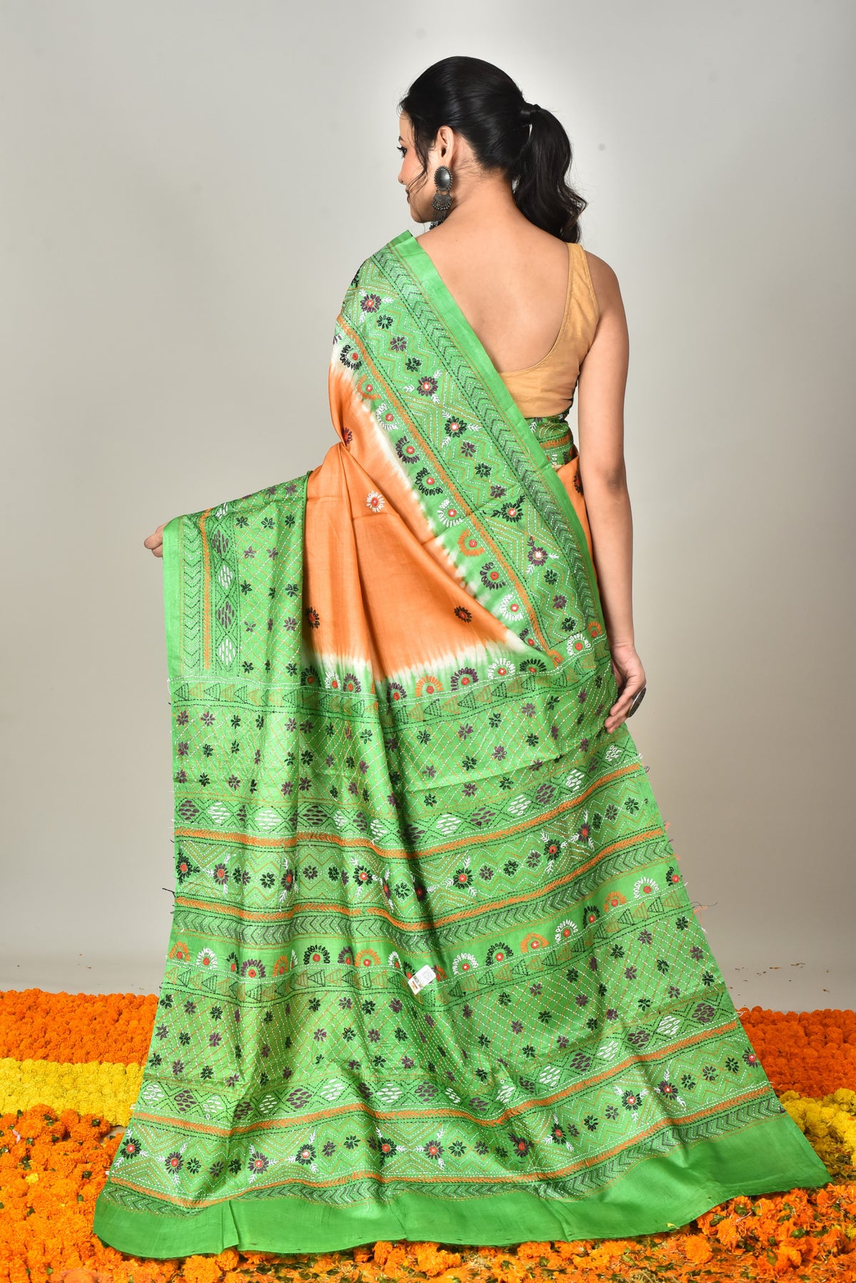 Tussar Dye Lambani Kantha Stitch Saree