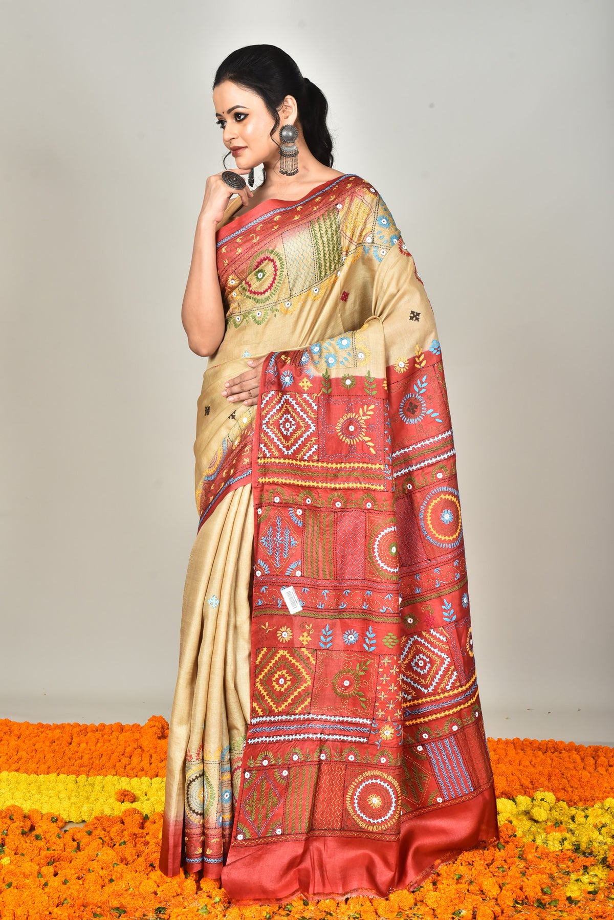 Tussar Dye Lambani Silk Kantha Saree Multicolor