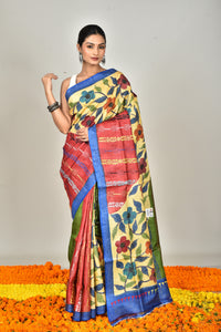 Tussar Hand Print Kantha Saree Multicolor