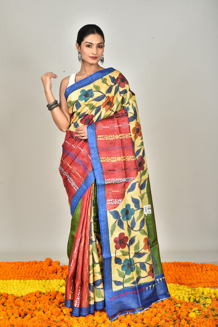 TUSSAR HAND PRINT KANTHA SAREE