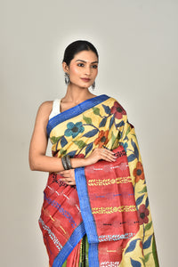 Tussar Hand Print Kantha Saree Multicolor