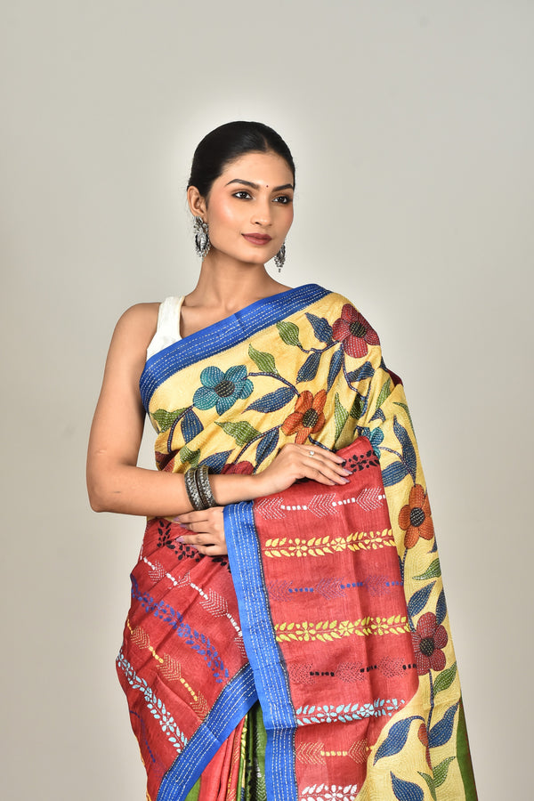 TUSSAR HAND PRINT KANTHA SAREE