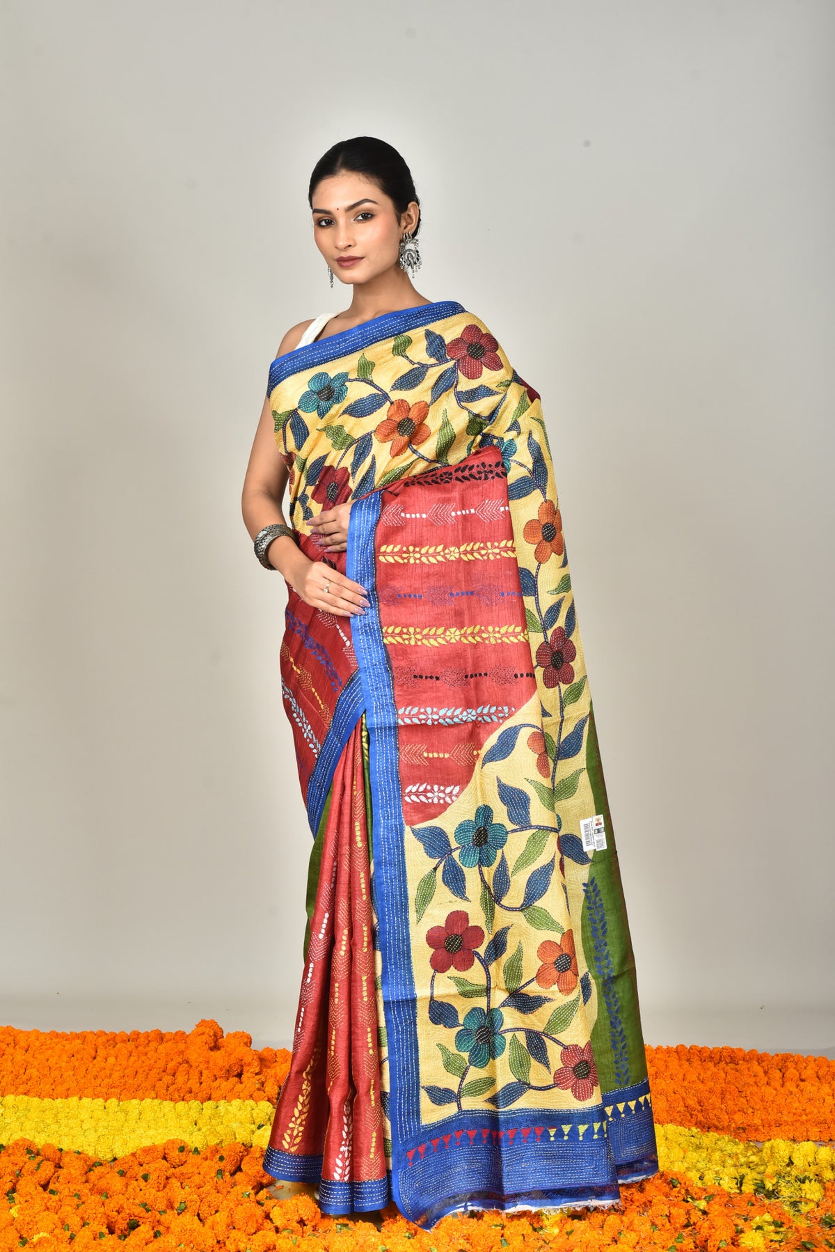 Tussar Hand Print Kantha Saree Multicolor