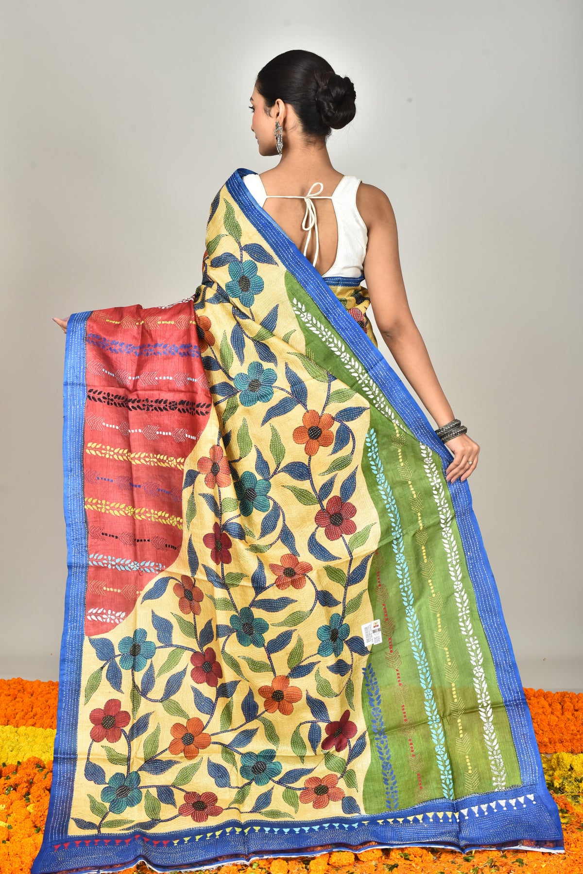 Tussar Hand Print Kantha Saree Multicolor