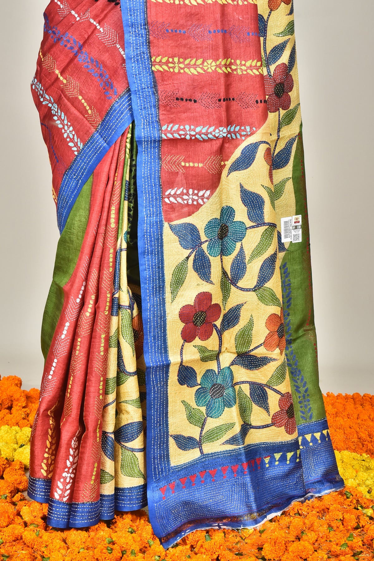 Tussar Hand Print Kantha Saree Multicolor