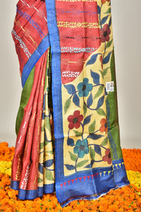 Tussar Hand Print Kantha Saree Multicolor