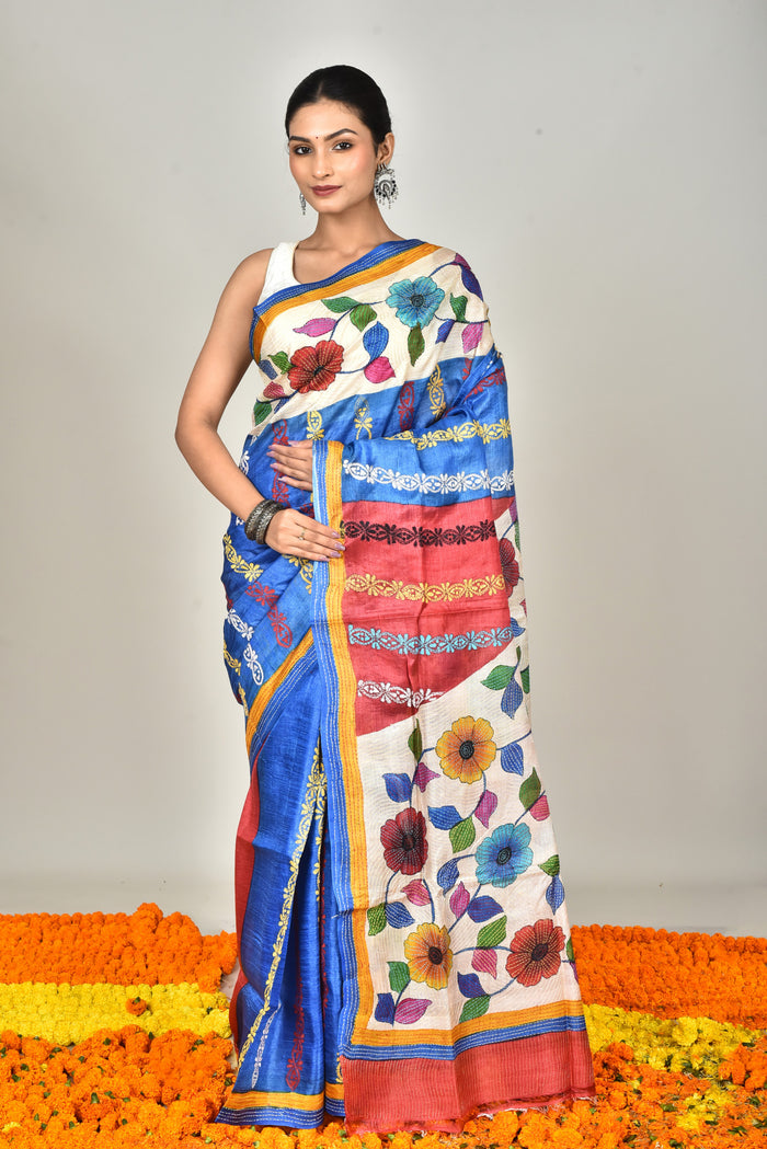 TUSSAR HAND PRINT KANTHA SAREE
