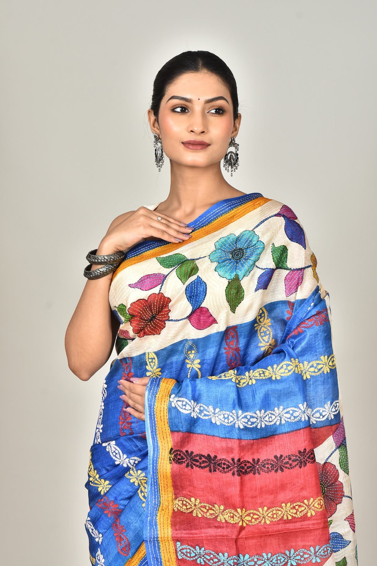 Tussar Hand Print Kantha Saree Multicolor