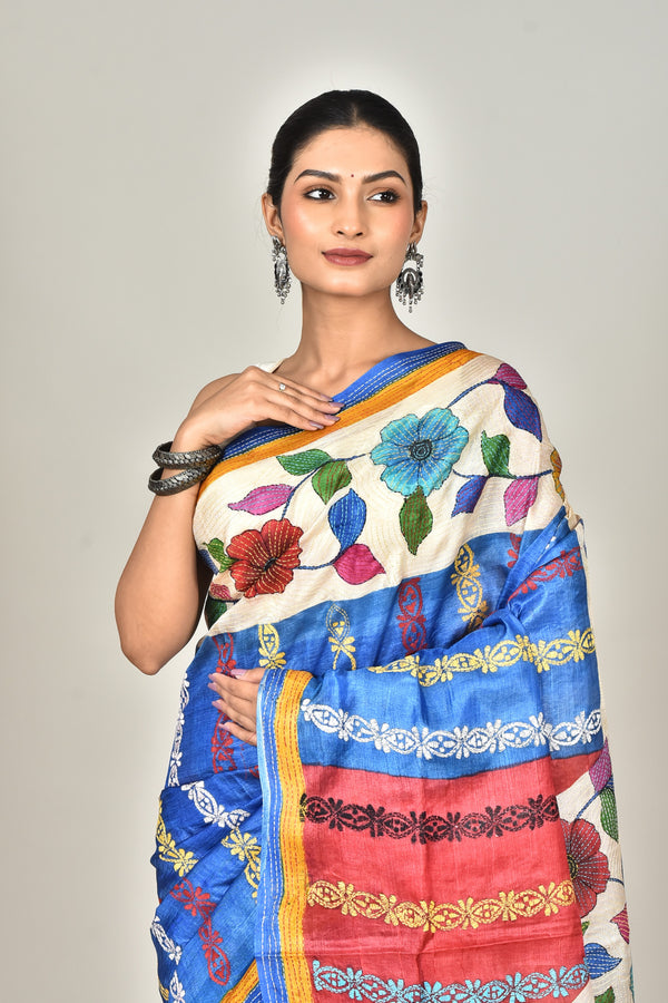 TUSSAR HAND PRINT KANTHA SAREE