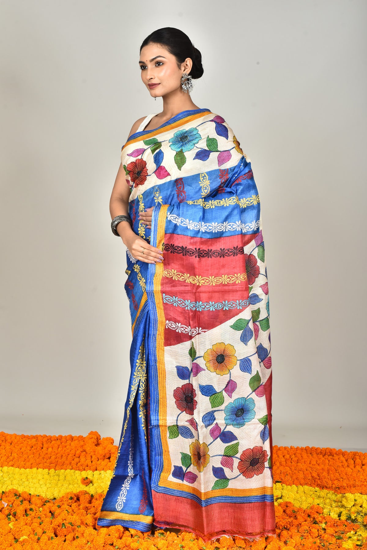 Tussar Hand Print Kantha Saree Multicolor