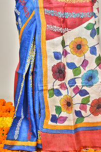 Tussar Hand Print Kantha Saree Multicolor