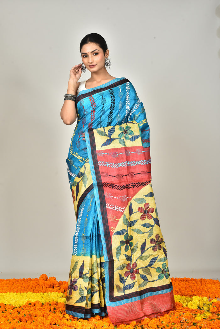 TUSSAR HAND PRINT KANTHA SAREE