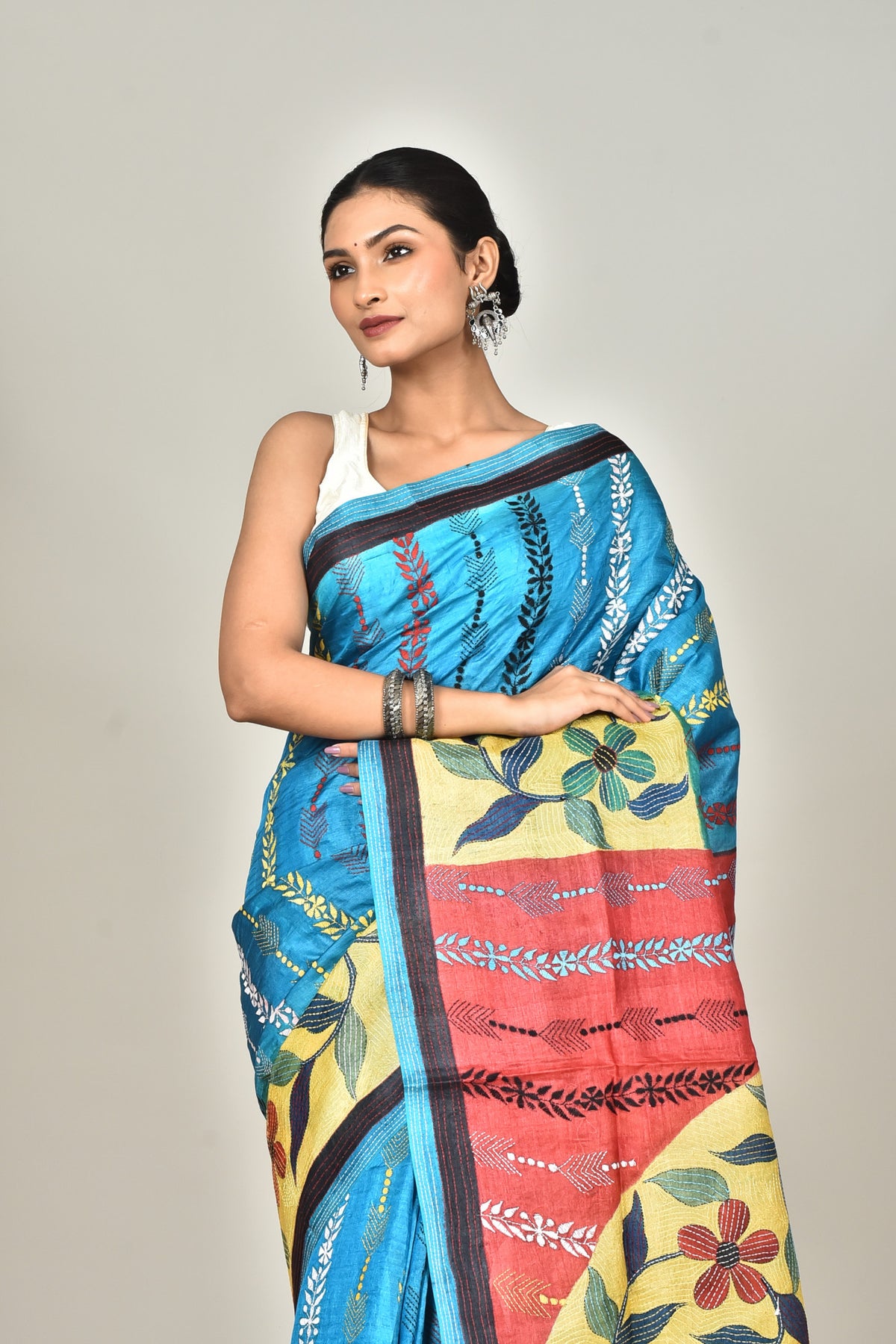 TUSSAR HAND PRINT KANTHA SAREE