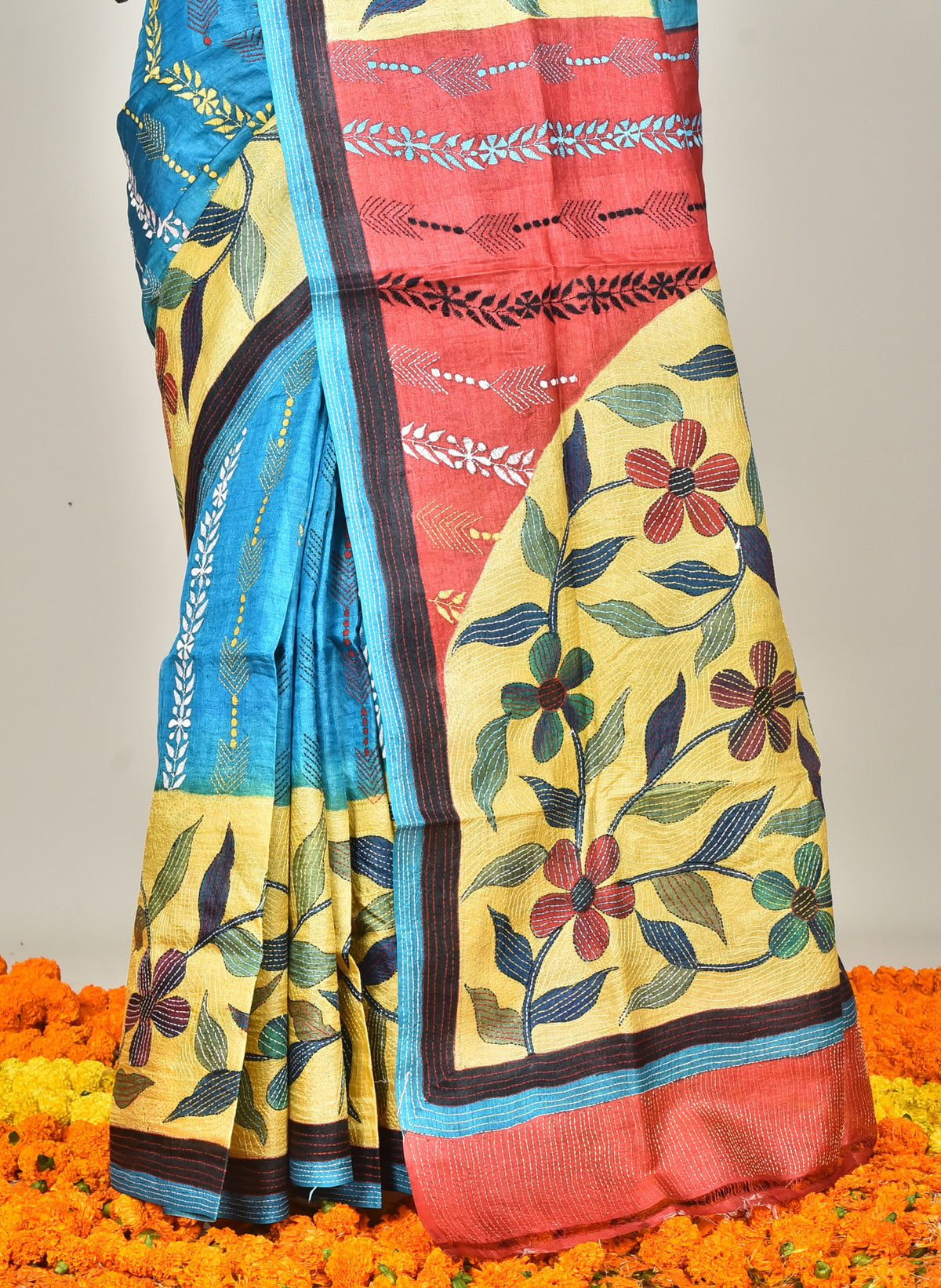 TUSSAR HAND PRINT KANTHA SAREE