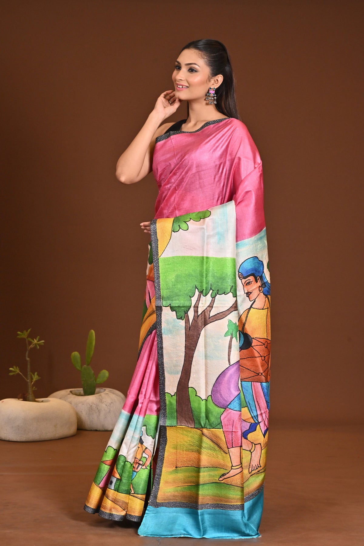 TUSSAR HANDPRINT  KANTHA SAREE