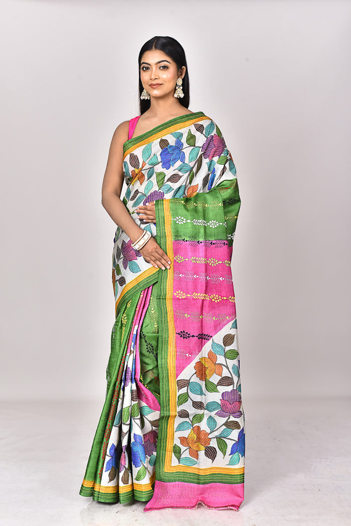 TUSSAR HANDPRINT KANTHA SAREE
