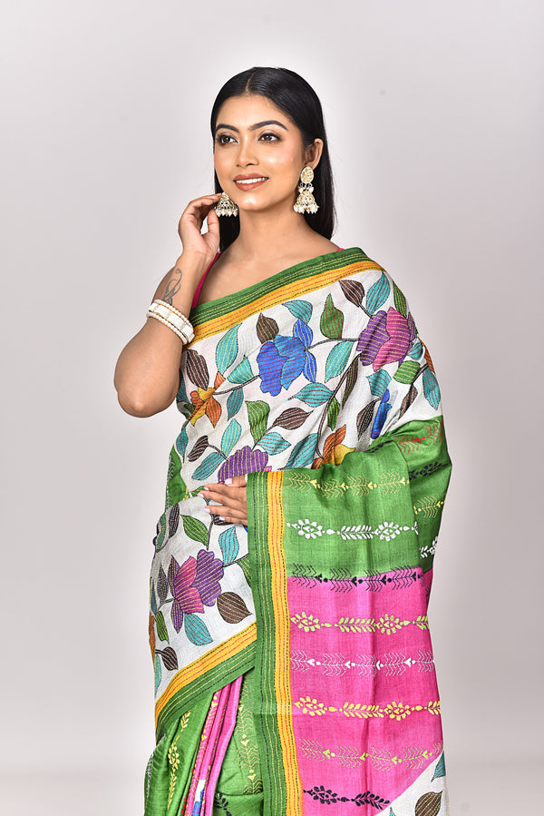 TUSSAR HANDPRINT KANTHA SAREE