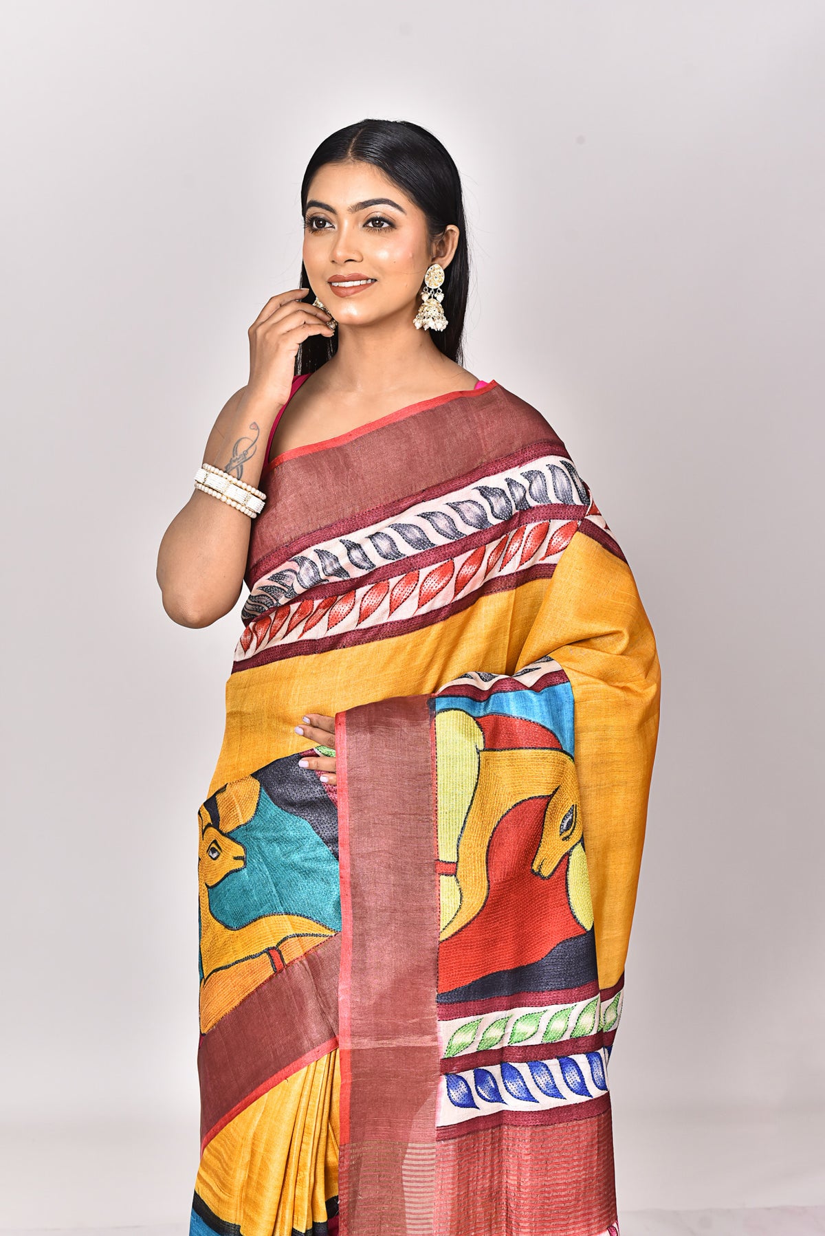 TUSSAR HANDPRINT KANTHA SAREE